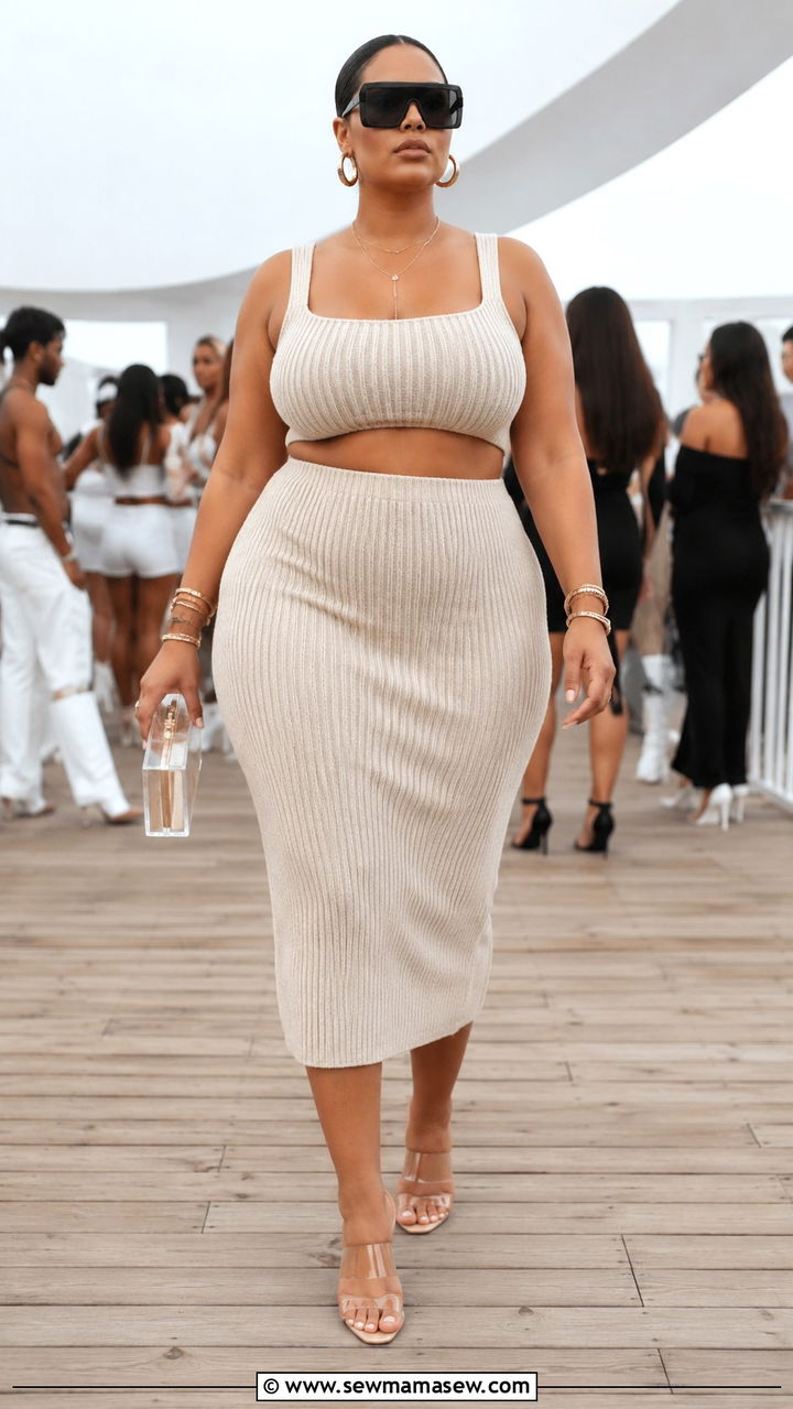 Two Piece Knit Set With Clear Heels And Statement Sunglasses - 30 plus size music festival outfit ideas