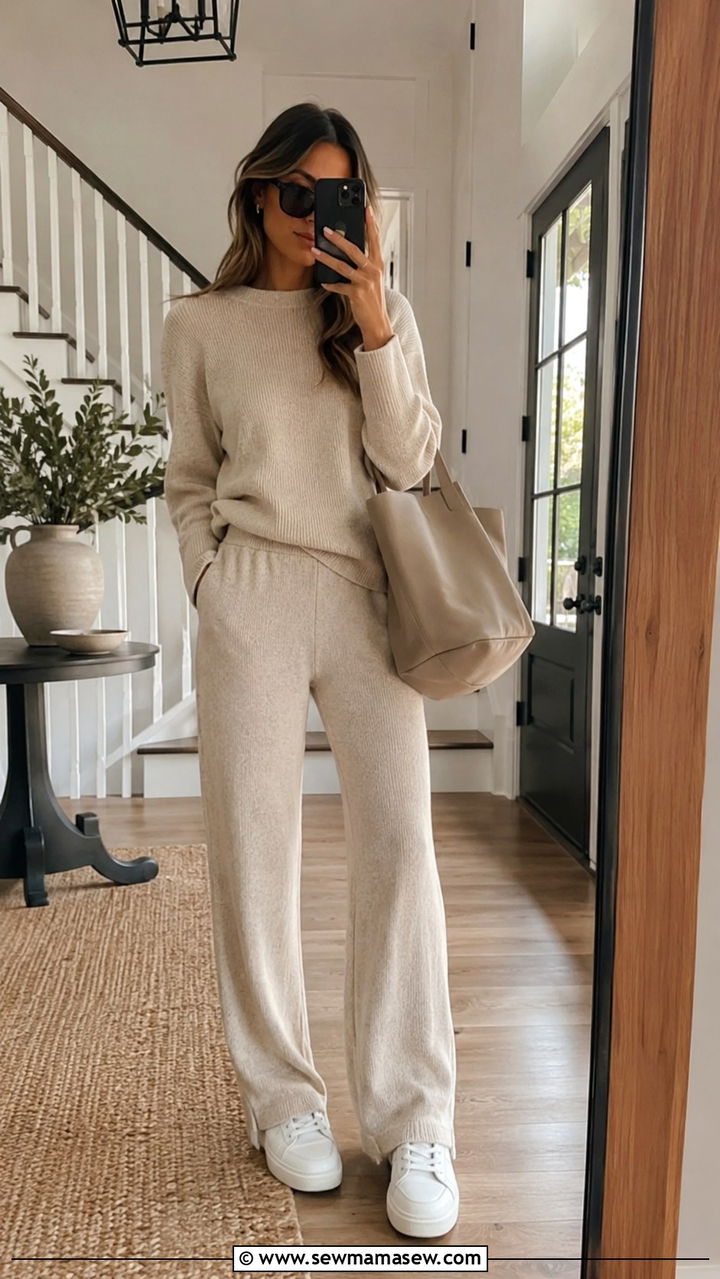 Two Piece Knit Set With Sneakers - 30 cute summer to fall outfits