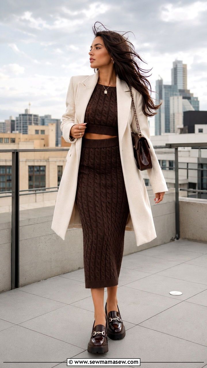 Two Piece Knit Set With Structured Coat And Platform Loafers - 25 windy day outfits aesthetic