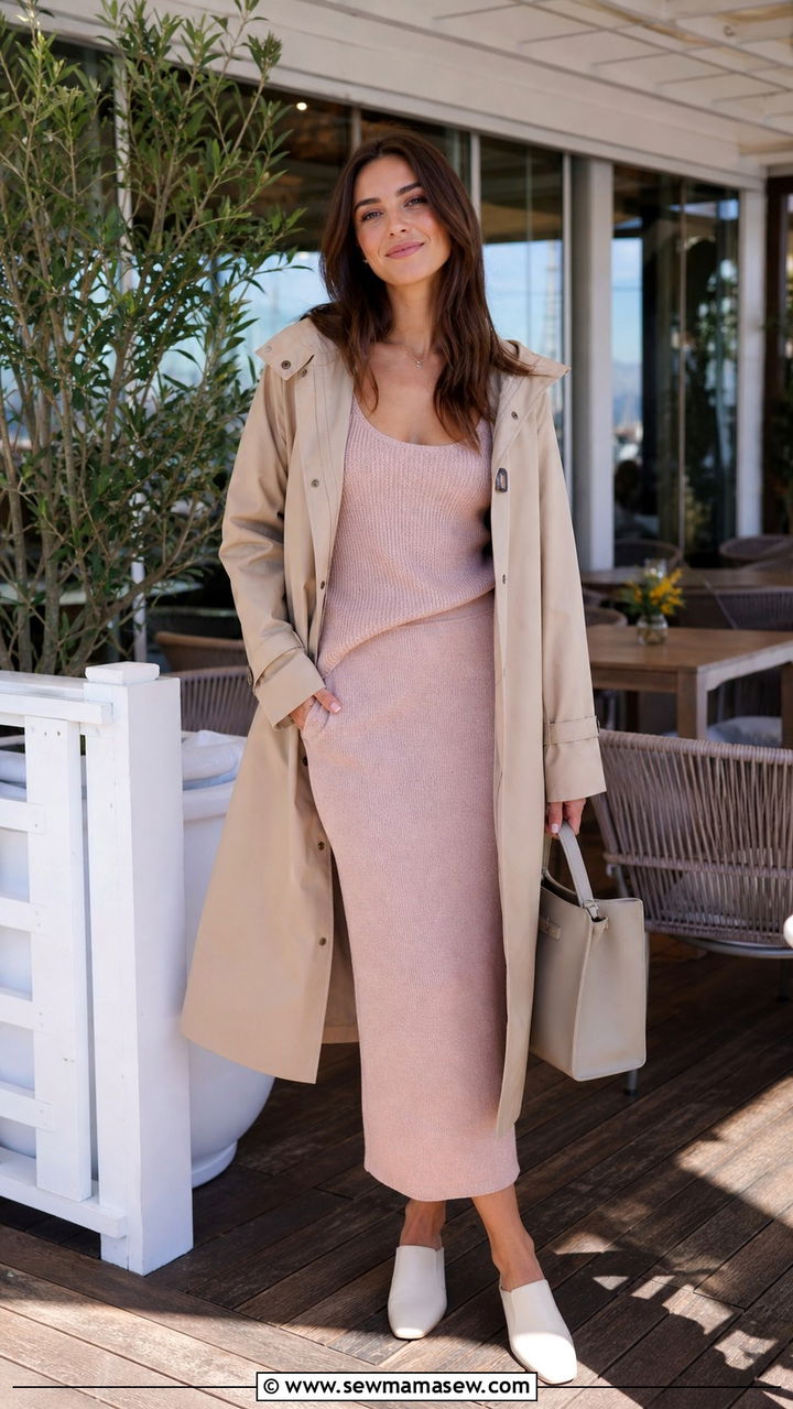 Two Piece Knit Set with Longline Raincoat and Mules - 40 rainy day outfits