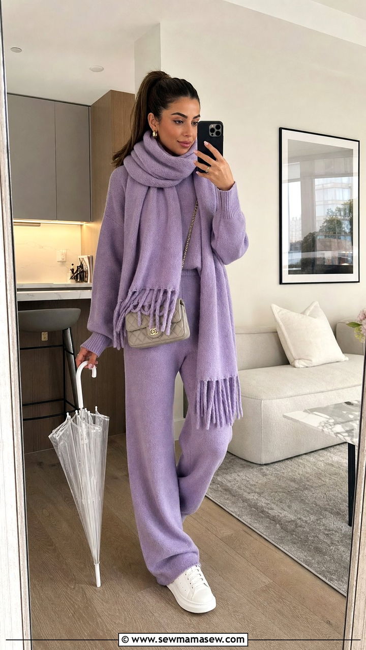 Two Piece Knit Set with Oversized Scarf and Waterproof Sneakers - 25 Drizzle outfit ideas