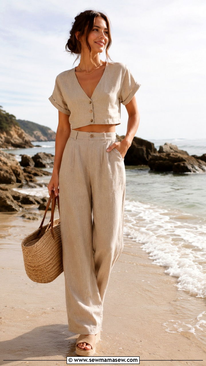 Two Piece Linen Set Beach Outfit - 25 Beach photoshoot outfit ideas