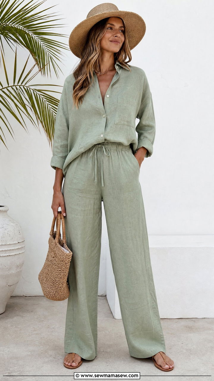 Two Piece Linen Set With Woven Accessories and Flat Sandals - 30 Late spring outfits