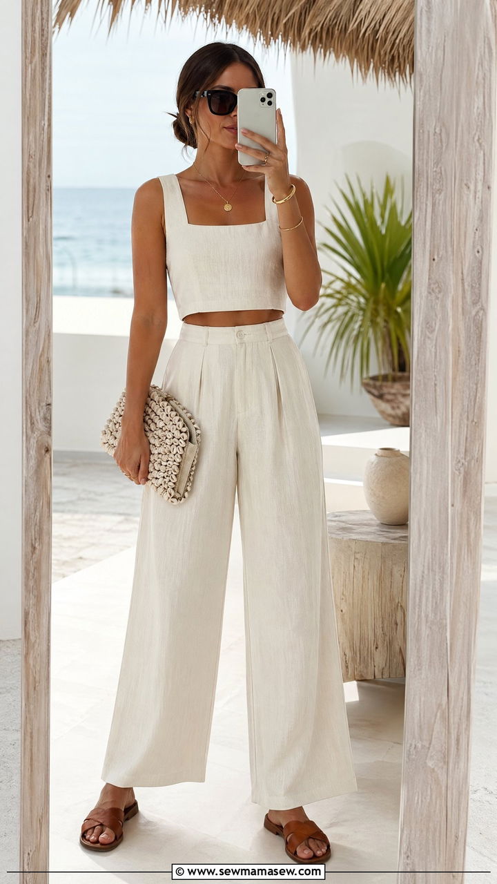 Two Piece Linen Set for Beach Wedding - 35 Destination wedding guest outfit ideas