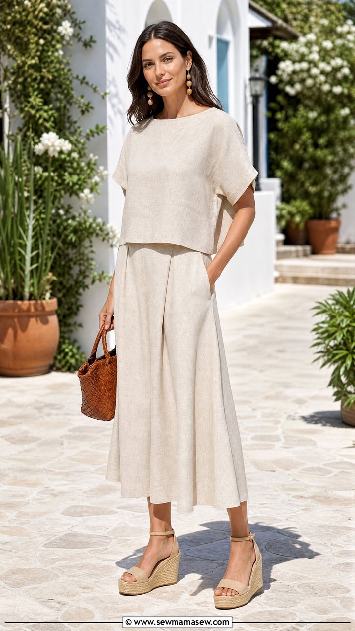 Two Piece Linen Set with Espadrille Wedges - 25 modest bridal shower outfit ideas