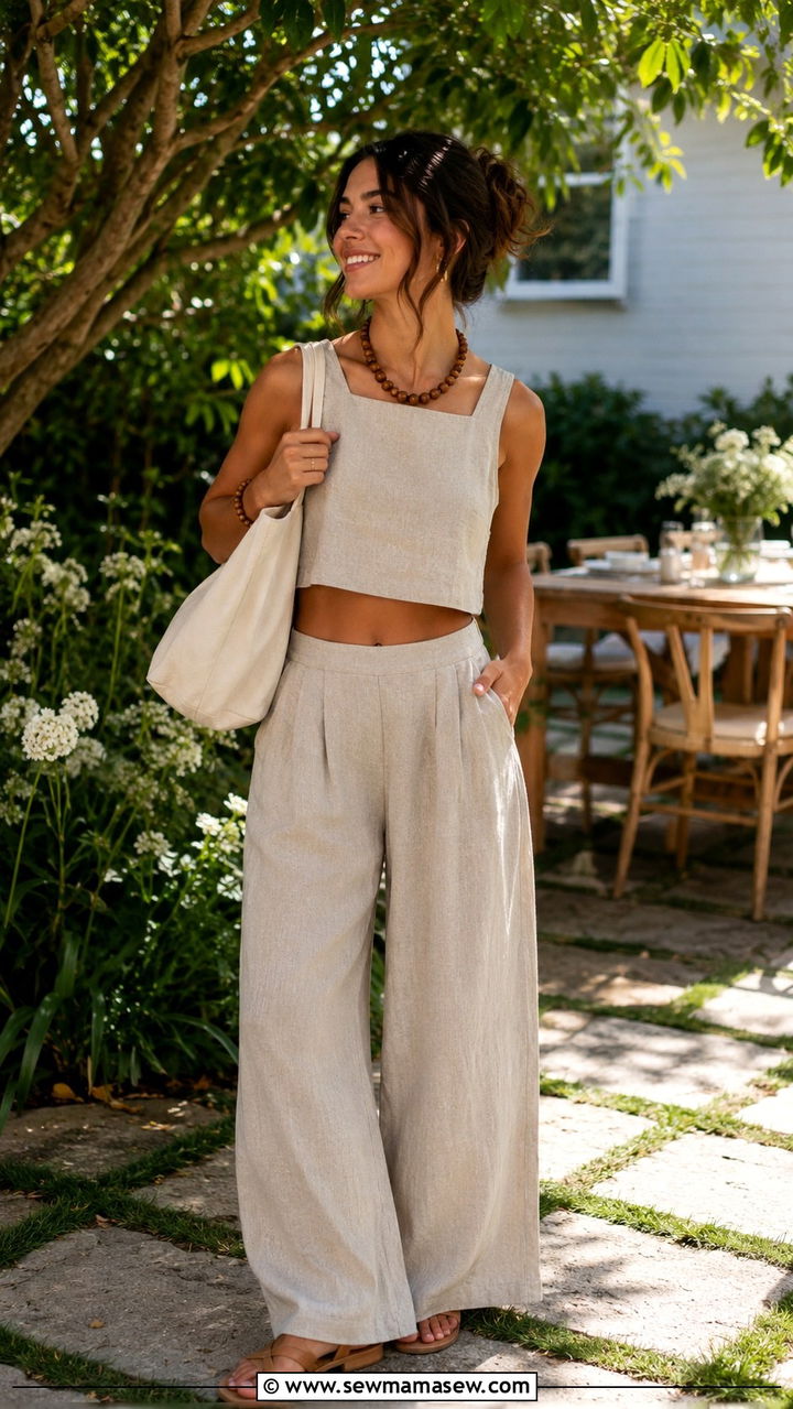 Two Piece Linen Set with Flat Sandals - 30 Graduation brunch outfit ideas