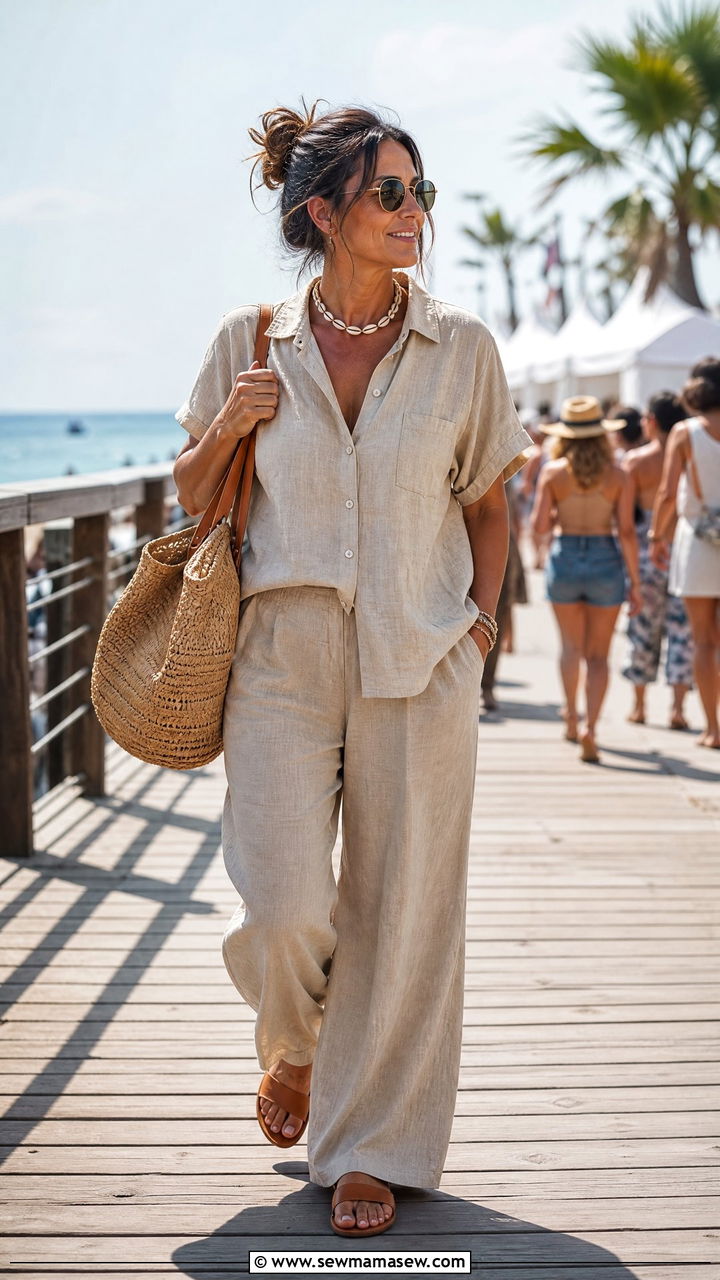 Two Piece Linen Set with Flat Slides Festival Outfit - 30 music festival outfits for women over 40