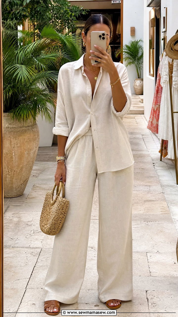 Two Piece Linen Set with Sandals - 25 Cartagena outfit ideas