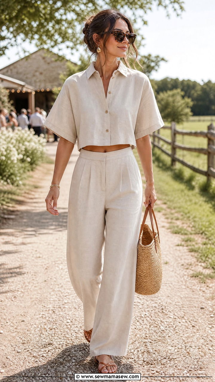 Two Piece Linen Set with Strappy Sandals - 25 Farm wedding guest outfit ideas
