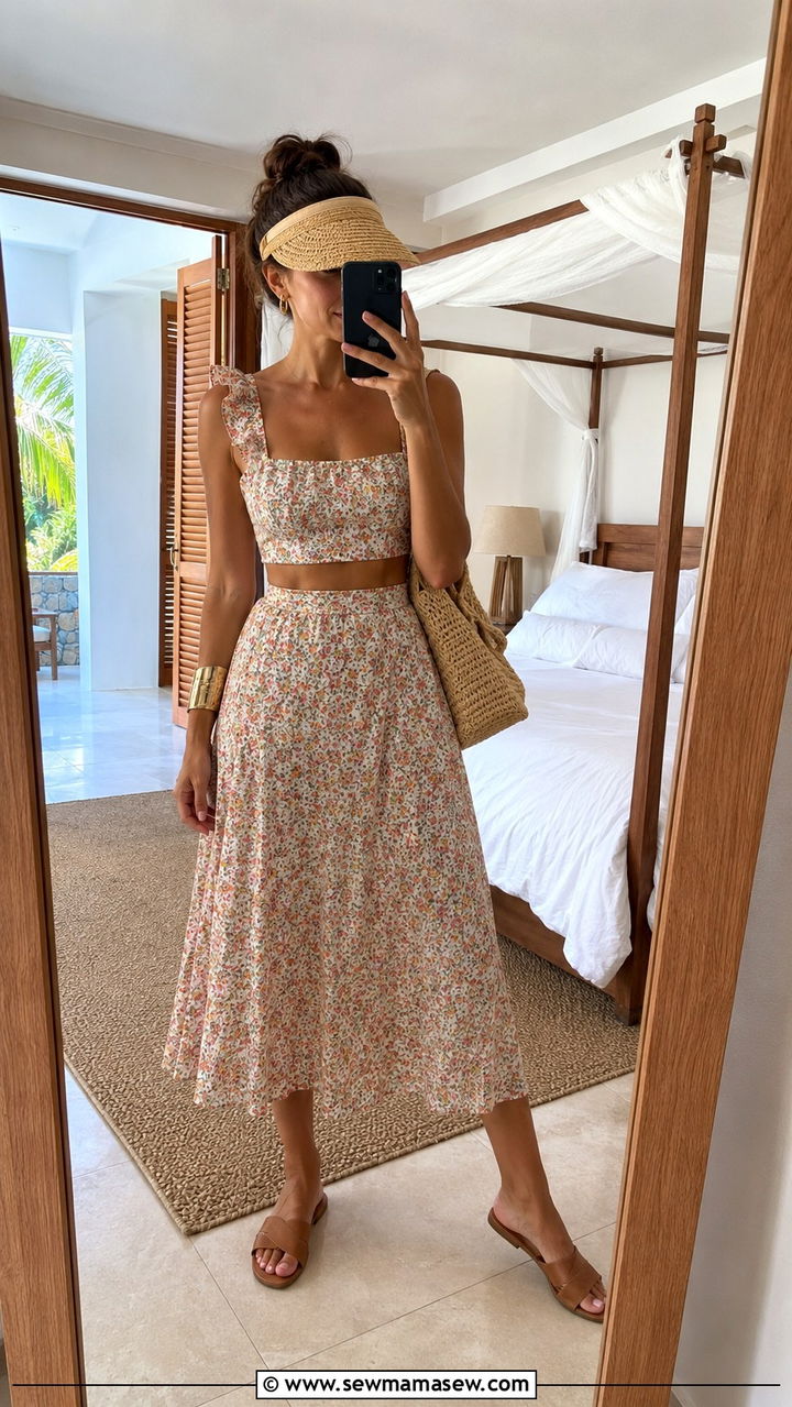 Two Piece Matching Crop Top And Skirt Set - 30 Boho outfit ideas for vacation
