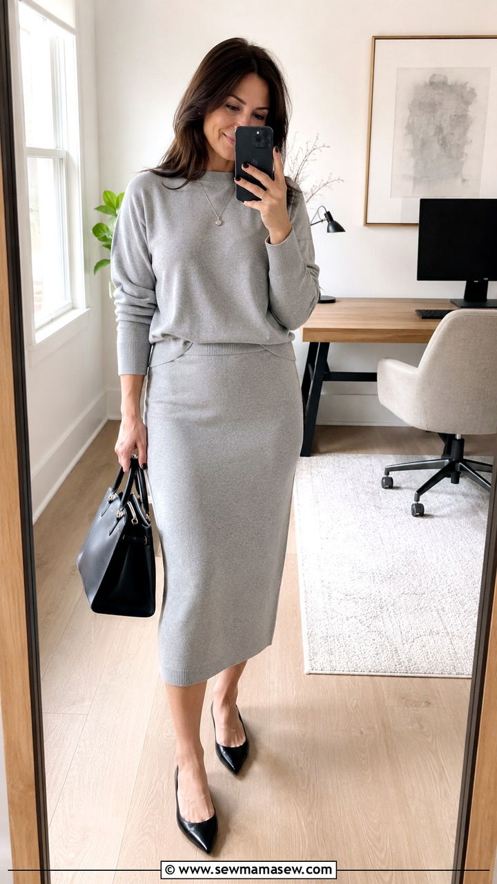 Two Piece Matching Knit Set with Pointed Flats - 30 office outfits for women over 40