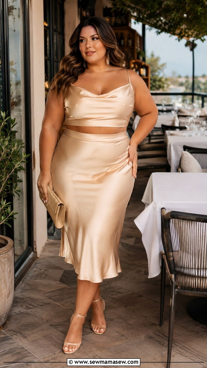 Two Piece Matching Set With Heeled Sandals - 25 Birthday dinner outfit ideas plus size