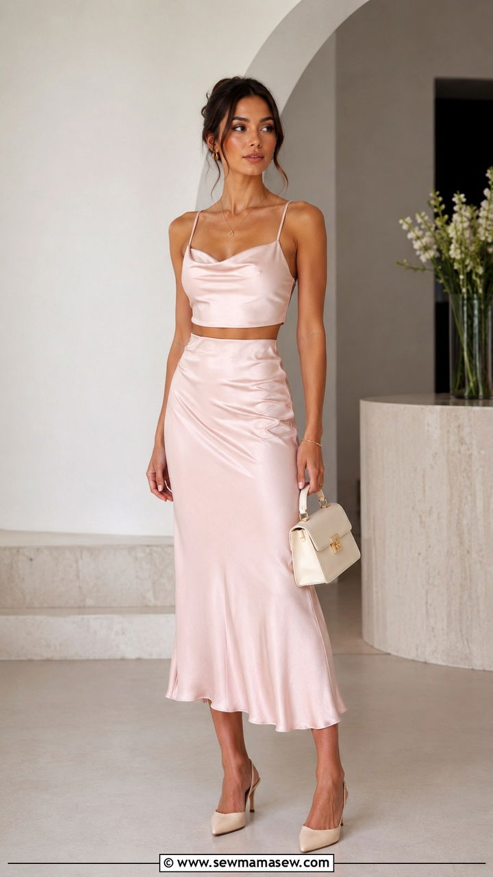 Two Piece Matching Set With Minimal Jewelry And Slingbacks - 30 classy romantic outfit ideas