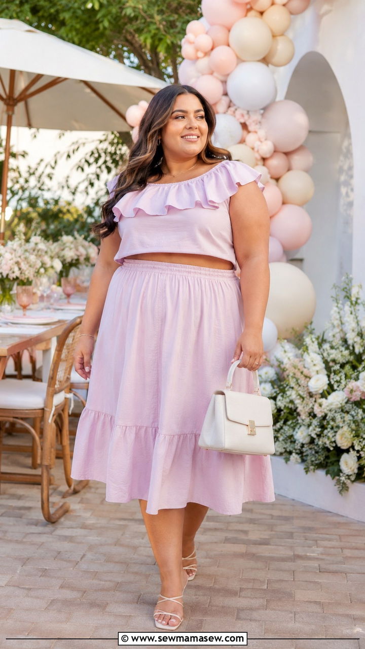 Two Piece Matching Set With Strappy Heels - 30 Plus size outfit ideas for baby shower