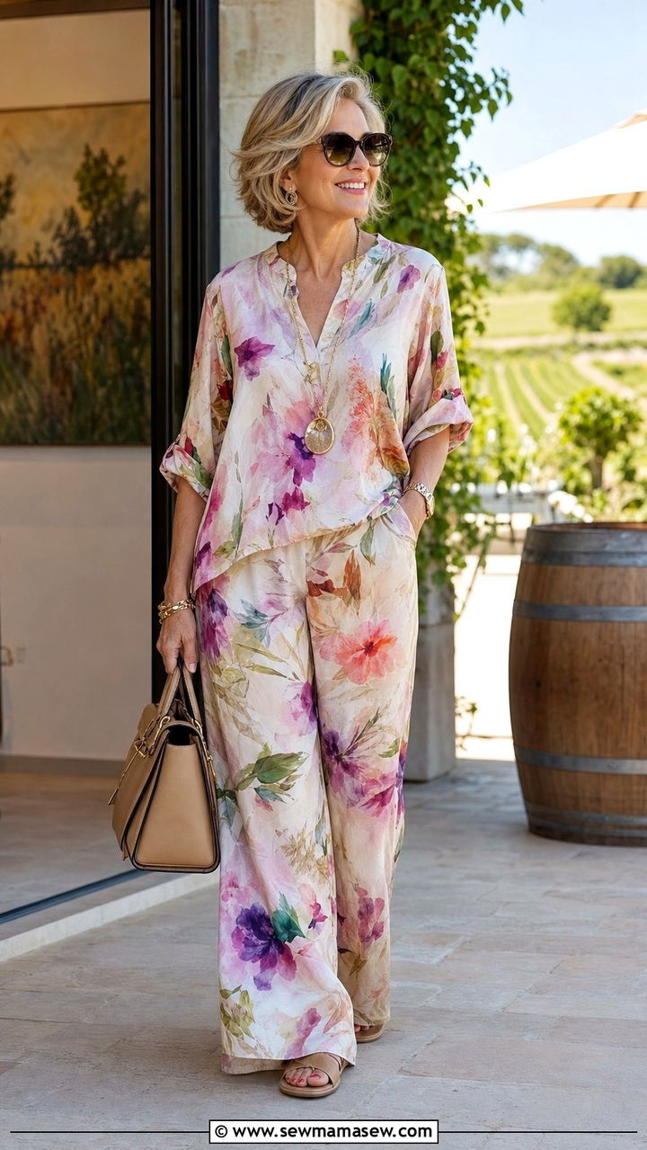 Two Piece Matching Set with Wide Leg Pants - 25 Family reunion outfit ideas for women over 50