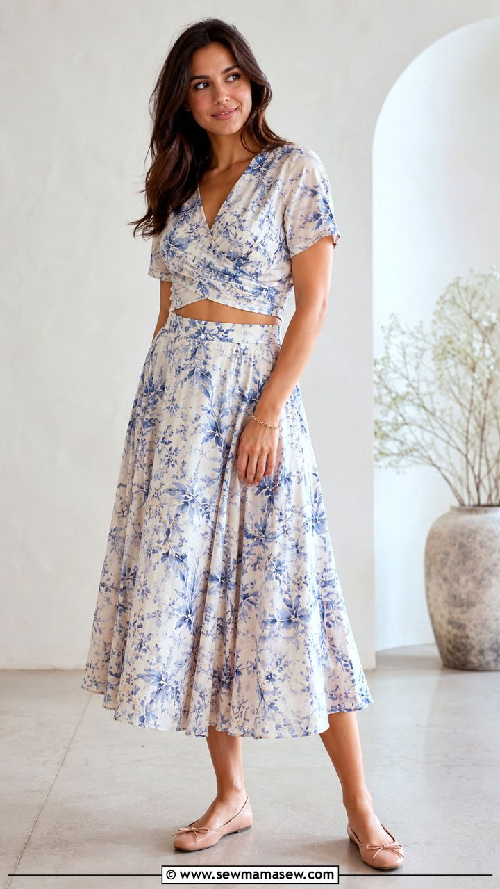 Two Piece Midi Skirt and Top Set with Ballet Flats - 25 Pumping friendly work outfits