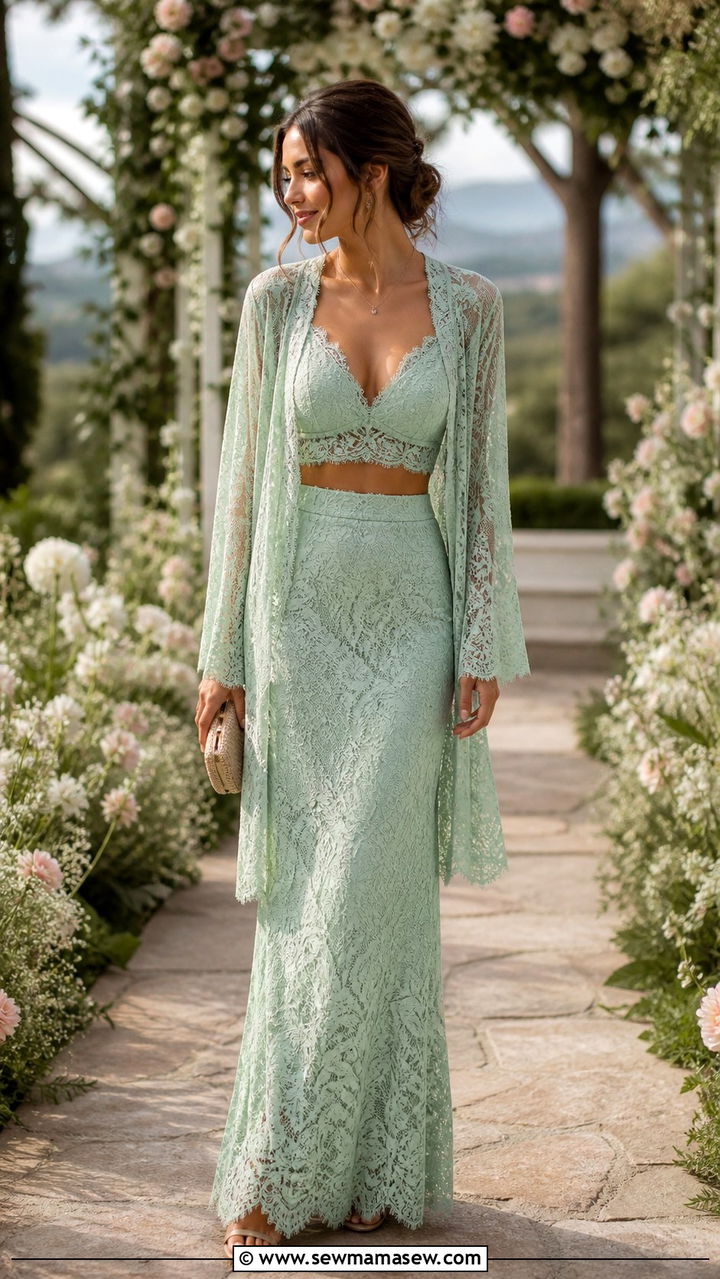 Two Piece Mint Green Lace Maxi Set With Cardigan - 40 Formal wedding guest outfits
