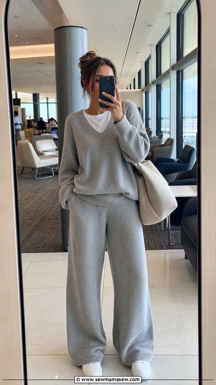 Two Piece Ribbed Knit Set and Tote Bag - 30 Cute airport outfits