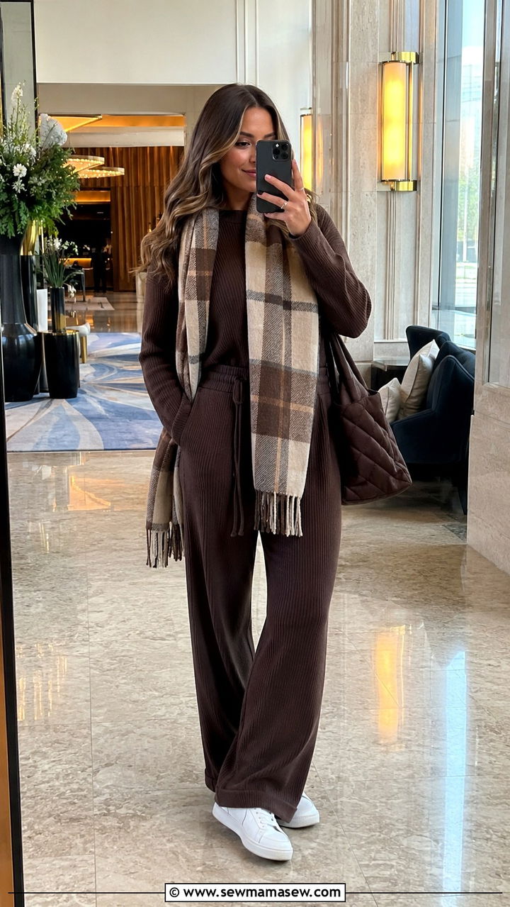 Two Piece Ribbed Lounge Set And Oversized Scarf - 25 transitional travel outfit ideas