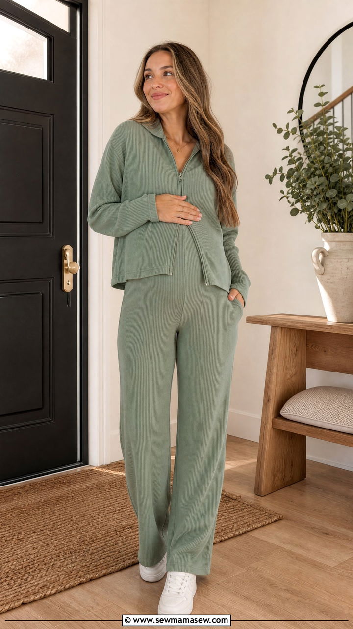 Two Piece Ribbed Lounge Set with a Zip Front Jacket and Trainers - 20 Postpartum outfit ideas still looks pregnant