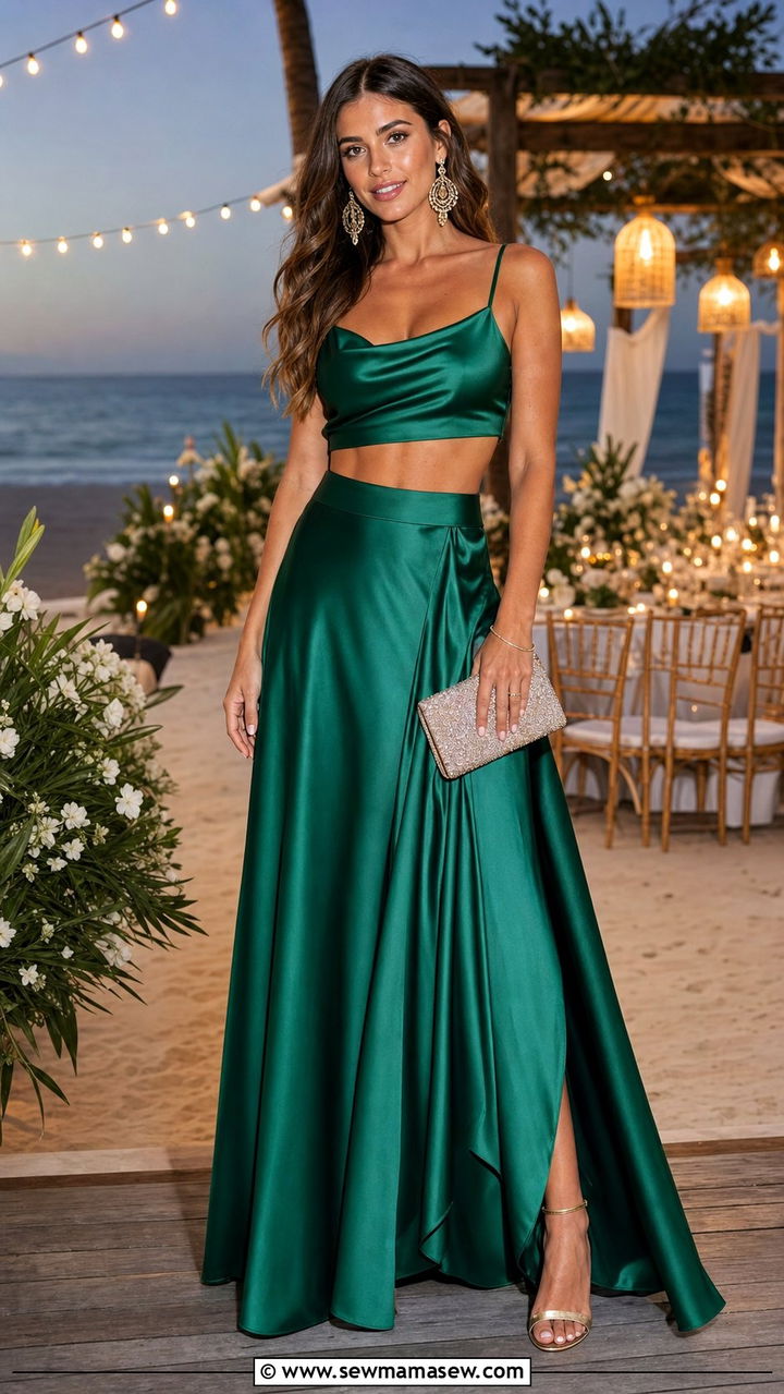 Two Piece Satin Set With Heels For Beach Wedding Guest - 35 Beach wedding guest outfits