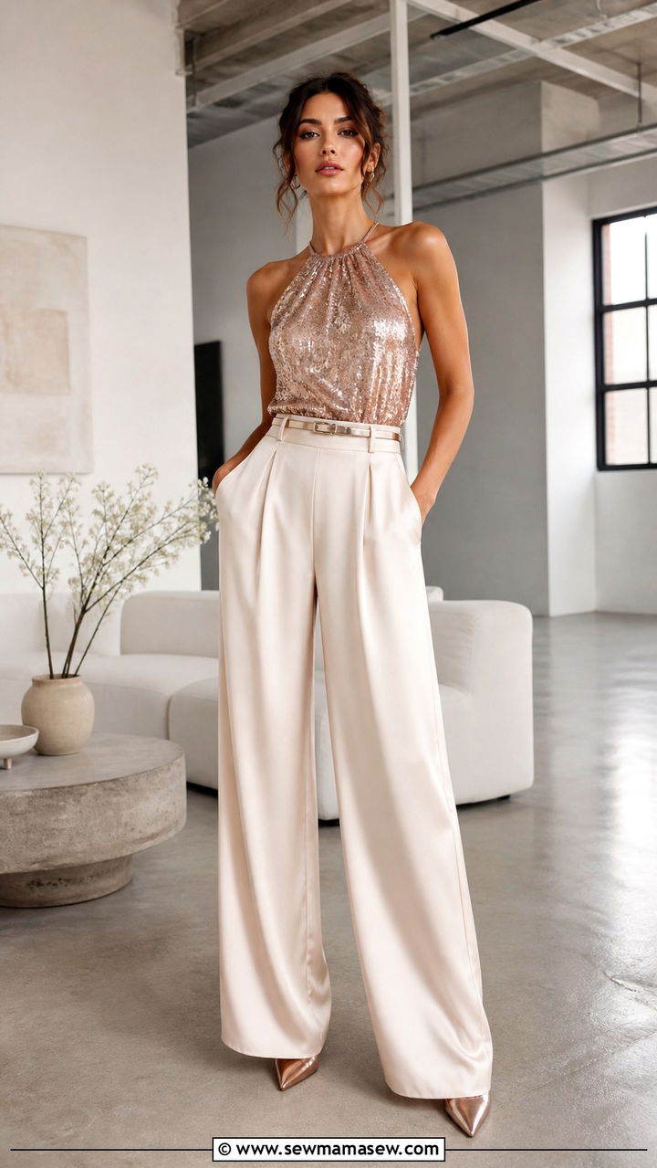 Two Piece Sequin Top And Wide Leg Trouser Prom Ensemble - 40 Prom outfit ideas