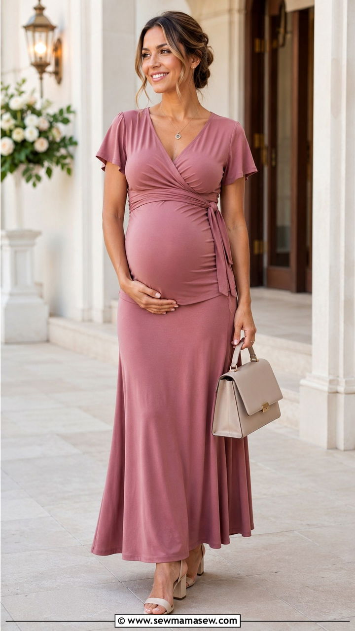 Two Piece Skirt Set With Block Heels - 25 wedding guest outfits for pregnant women
