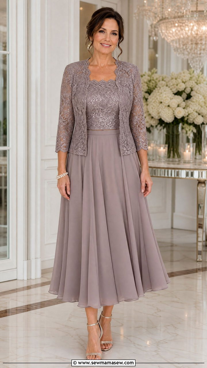 Two Piece Tea Length Dress Set With Coordinating Jacket - 20 Wedding guest outfit ideas tea length dress