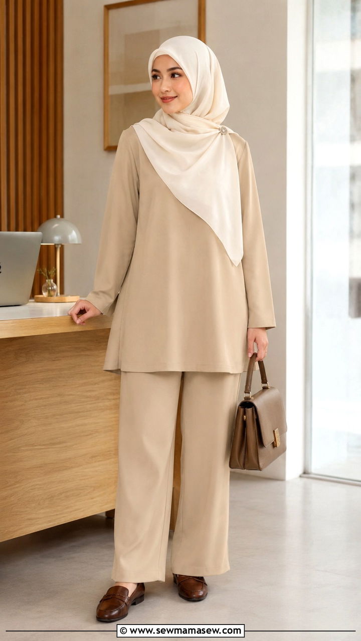 Two Piece Tunic and Trouser Set with Loafers - 25 work outfits for hijab women