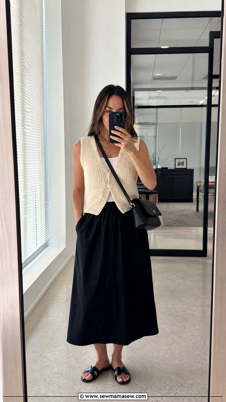 Two Tone Knit Vest Over Cotton Midi Skirt And Flat Sandals - 30 summer outfits for office women