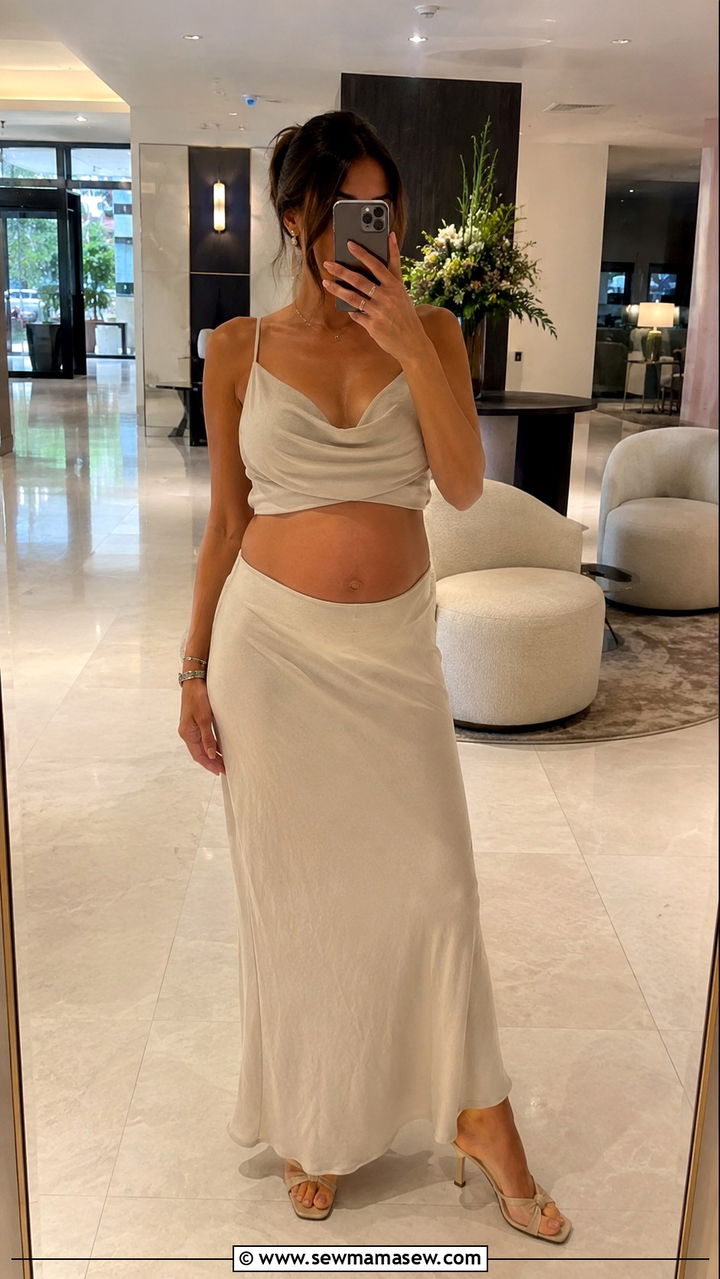 Two piece crop top and maxi skirt set with heeled mules - 25 wedding guest outfits for postpartum women