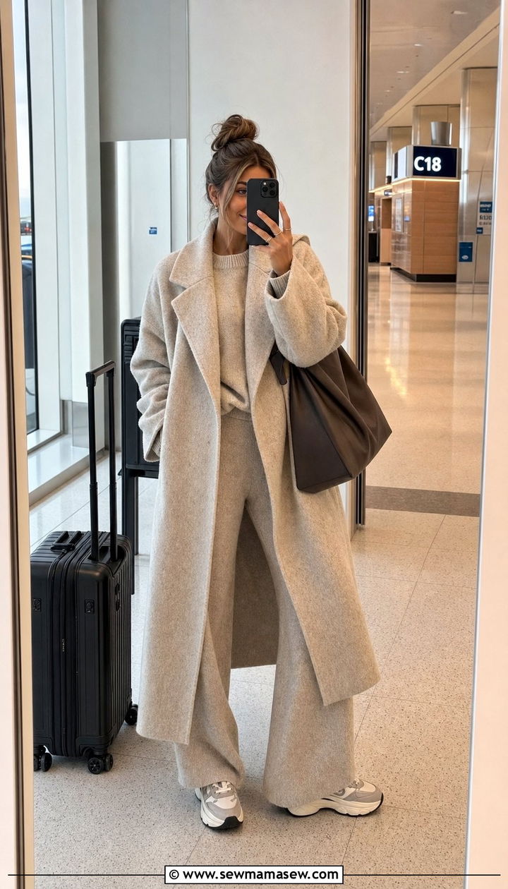 Two piece knit lounge set with a long coat and trainers - 25 Study abroad outfit ideas