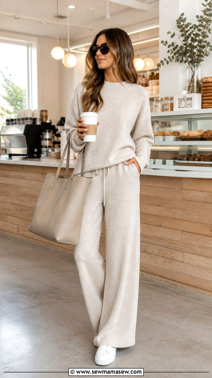 Two piece knit lounge set with crisp white sneakers - 40 spring casual outfit ideas
