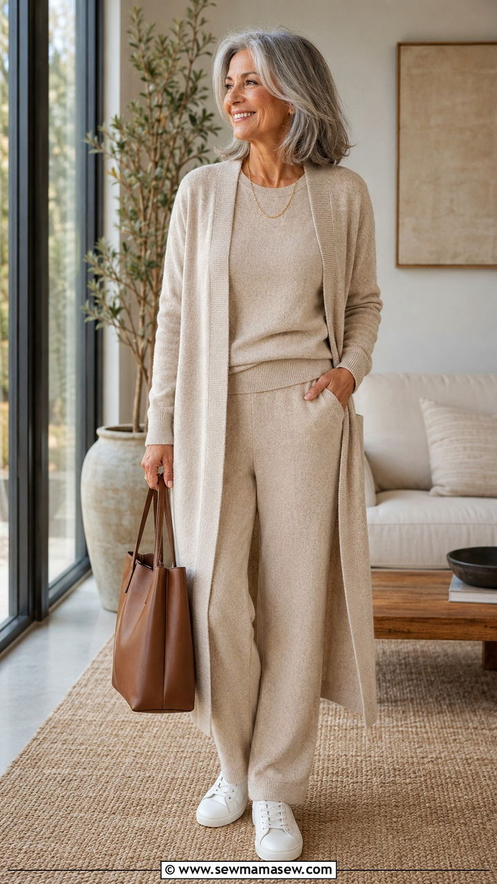 Two piece knit set with a long cardigan - 25 Modest outfits for women over 60