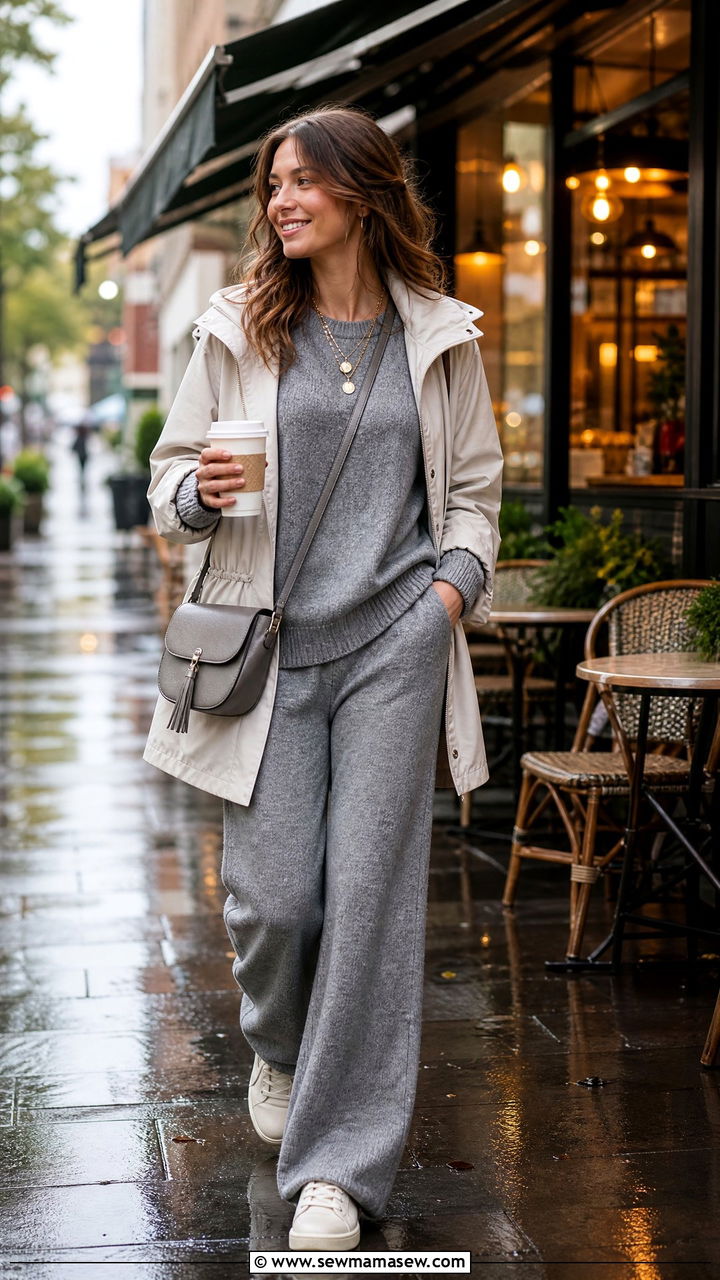 Two piece knit set with waterproof jacket and sneakers - 30 Cozy rainy day outfit ideas