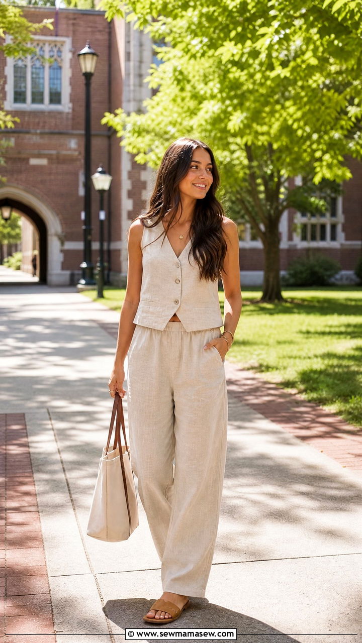 Two piece linen co ord with flat mules - 30 Engineering graduation outfit ideas