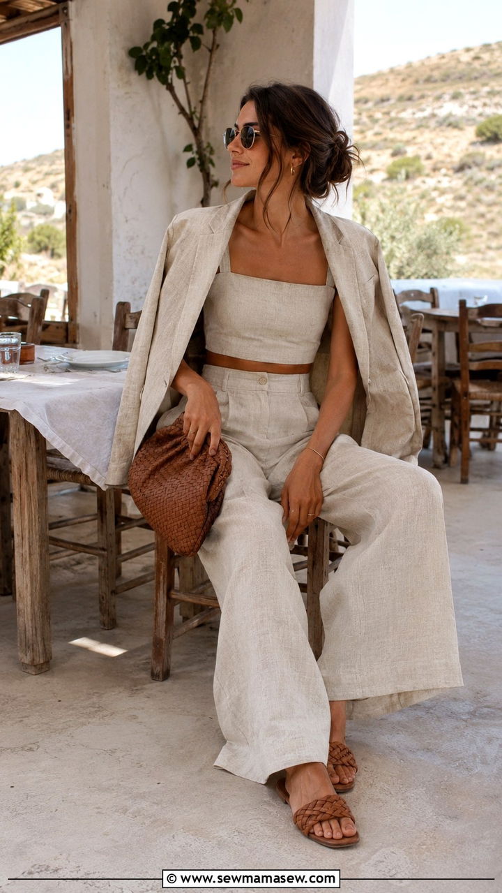 Two piece linen crop top and high waist pants - 25 Mykonos outfit ideas