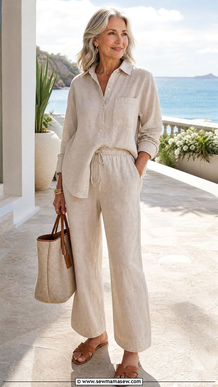 Two piece linen set and slide sandals outfit - 30 Coastal grandmother outfits for women over 60