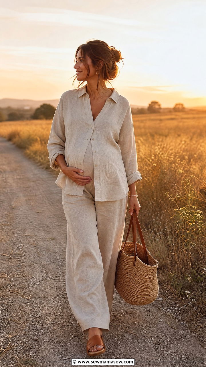 Two piece linen set maternity photo outfit summer field - 25 Maternity photo outfit ideas summer