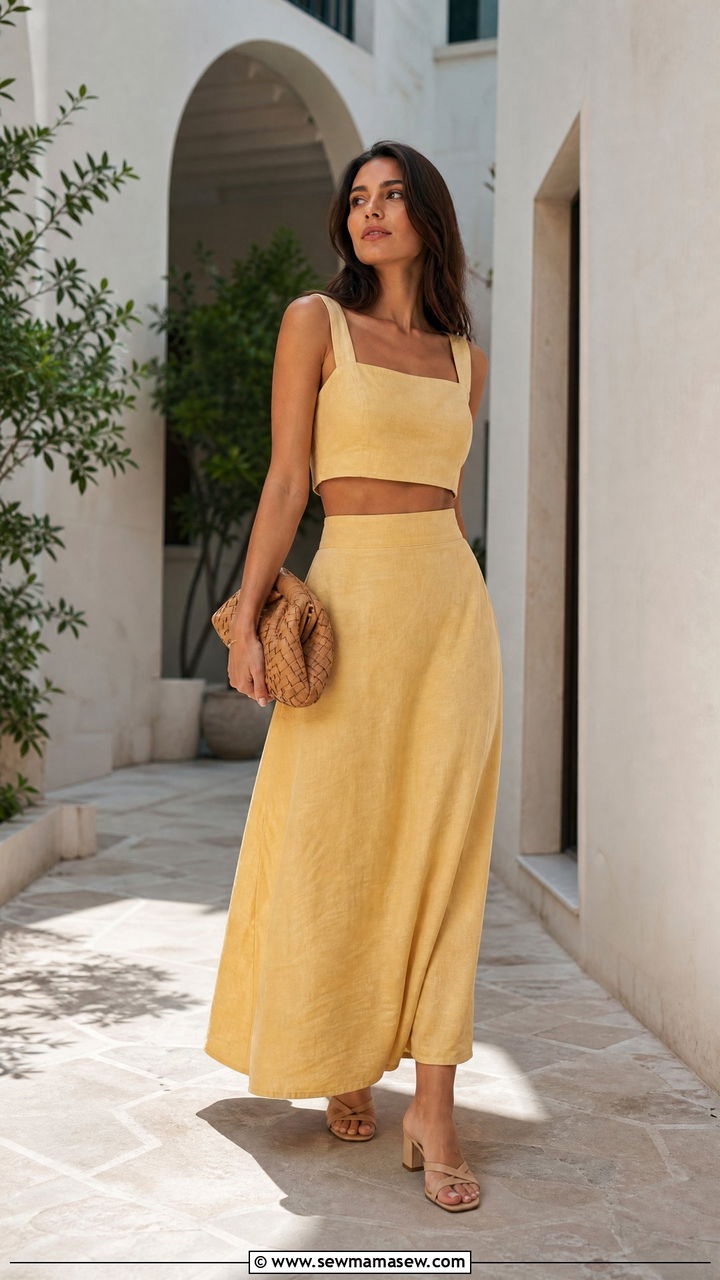 Two piece linen set with low heels - 25 Greece spring outfit ideas