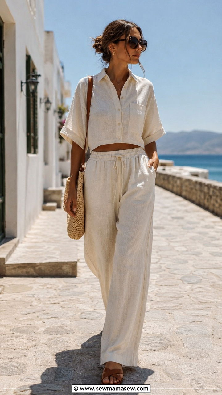 Two piece linen set with slides outfit - 30 Hot day cool night outfit ideas