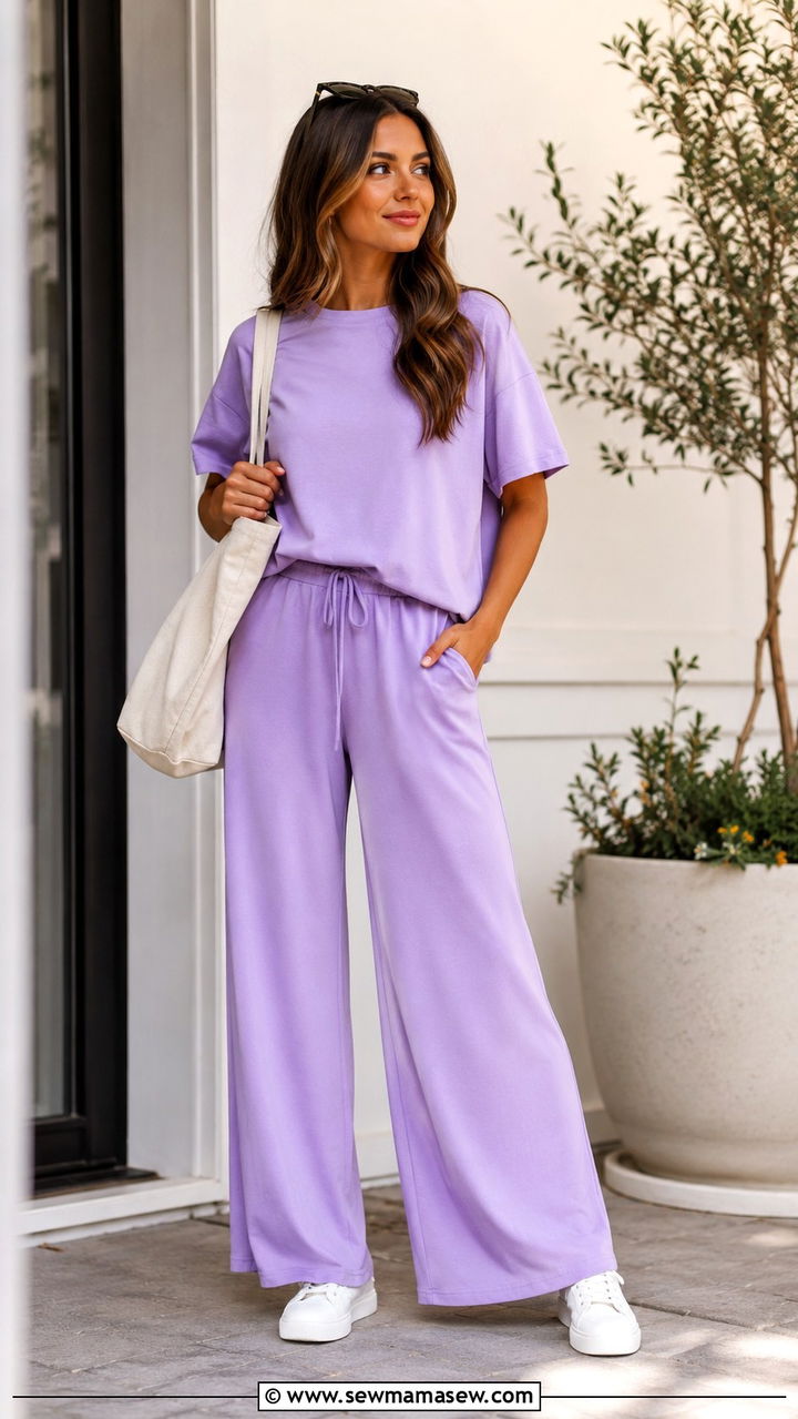 Two piece lounge set with crisp white sneakers - 30 spring running errands outfit ideas