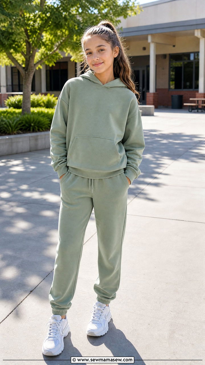 Two piece matching sweatsuit with running shoes - 25 Tween outfit ideas for 12 year olds