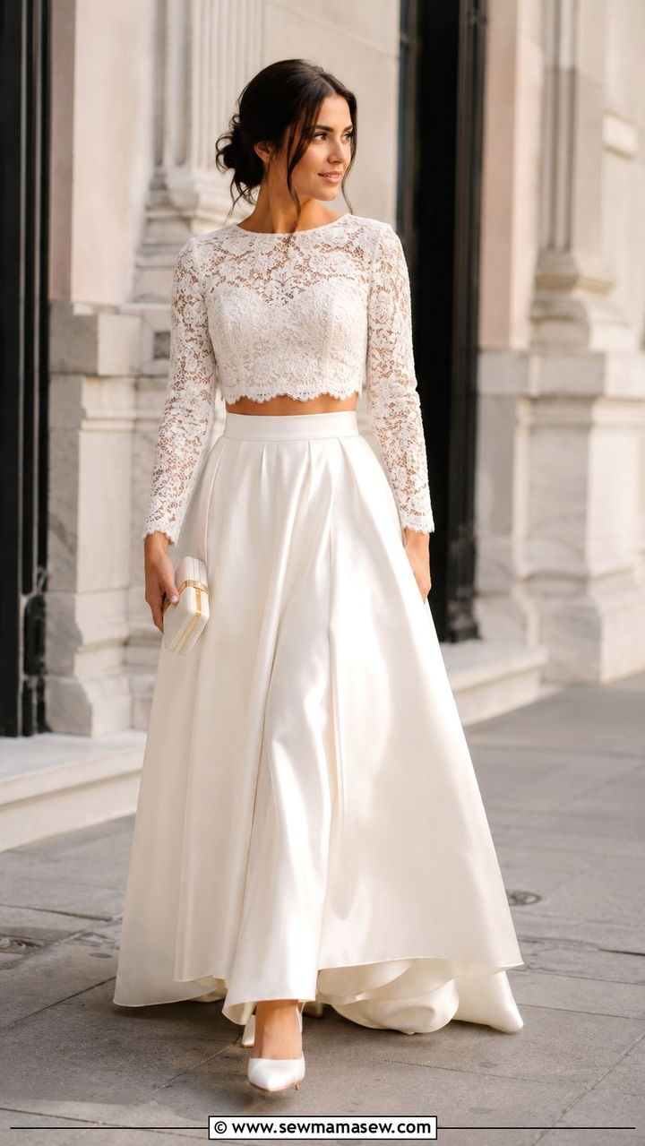 Two piece modest bridal set with high waist skirt - 20 Modest outfit ideas for bride