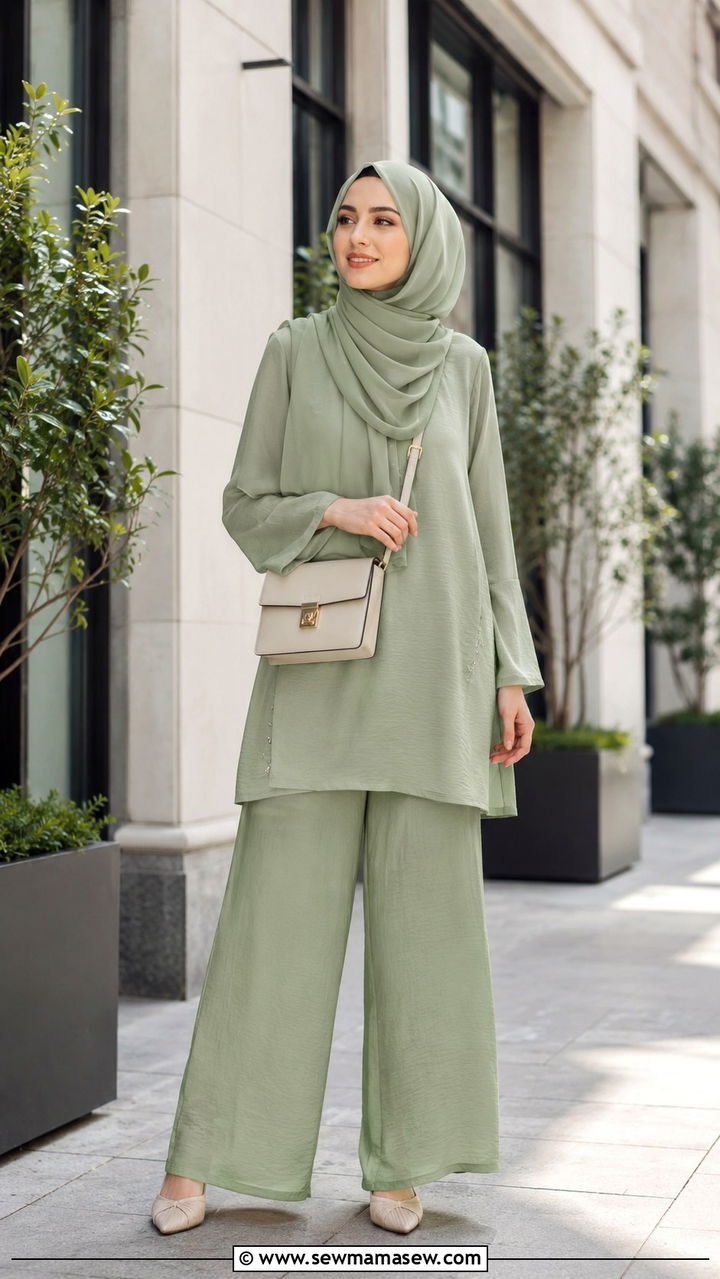 Two piece modest set with wide leg trousers - 30 Modest outfit ideas for Eid