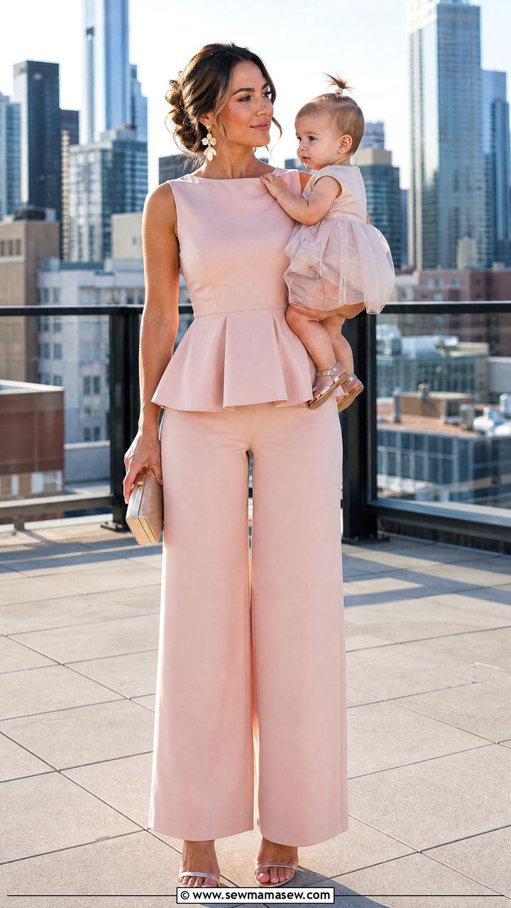 Two piece pants set with strappy heels - 25 wedding guest outfits for new moms