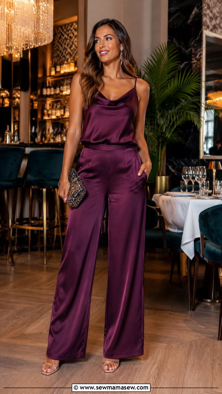 Two piece satin set with strappy sandals - 25 Birthday dinner outfit ideas for women over 40