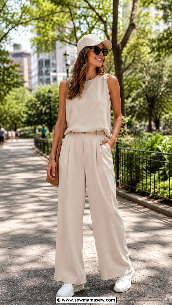 Two piece wide leg pant set with sneakers outfit - 30 Hot day cool night outfit ideas