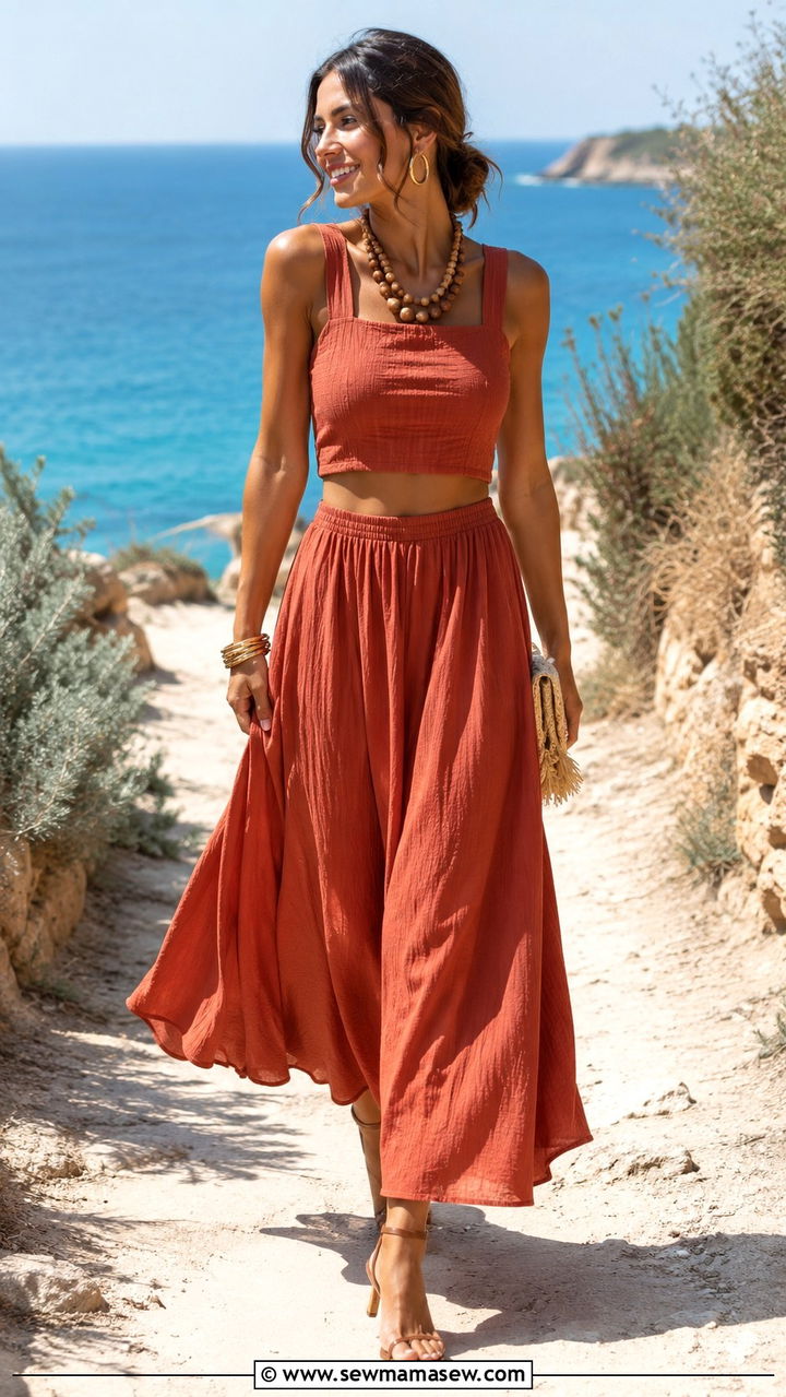 Two piece woven set with heeled sandals for Greek wedding - 20 Wedding guest outfit ideas Greek wedding