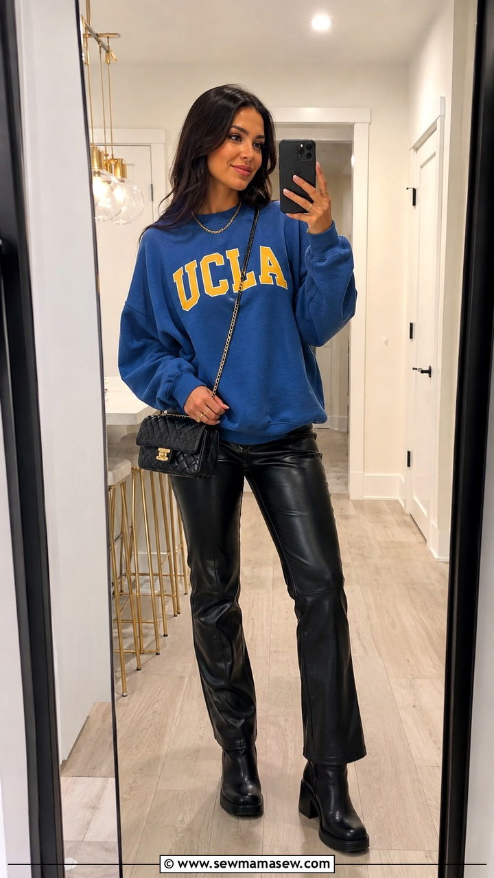 UCLA crewneck with faux leather pants - 20 Gameday outfit ideas UCLA
